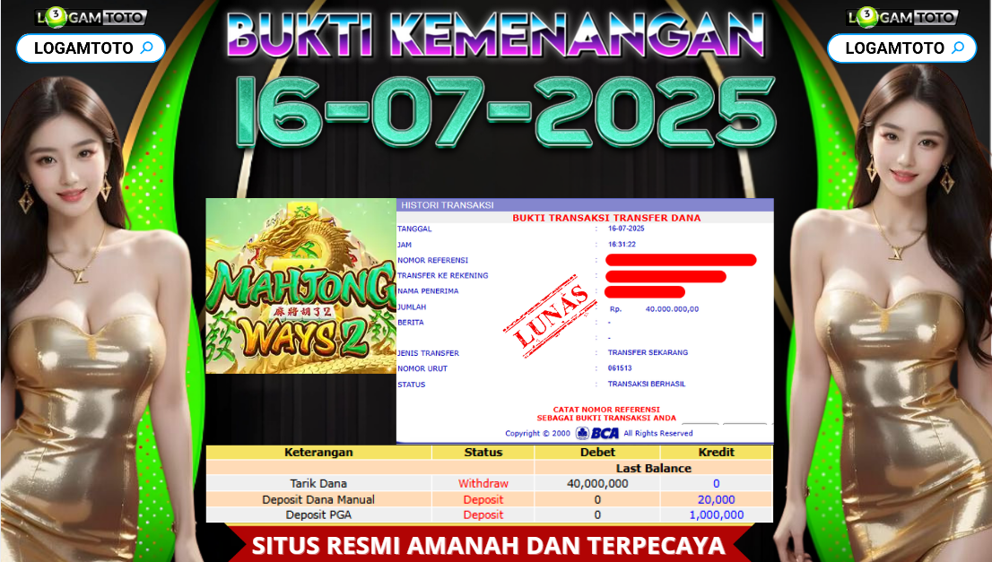 SELAMAT KEPADA MEMBER SETIA LOGAMTOTO BERHASIL JACKPOT DI PERMAINAN SLOT MAHJONG WAYS 2